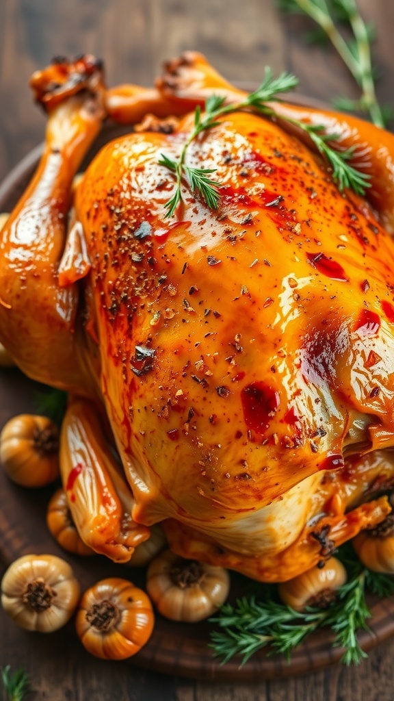 A golden roasted turkey on a wooden table, garnished with herbs and roasted garlic.